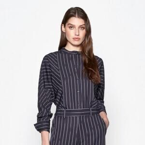 Equipment Saacha Stripes Band Collar Blouse In Deep Well/Plein Air